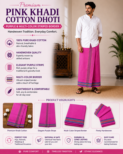 Infographic of premium pink khadi cotton dhoti with purple stripe and traditional woven border