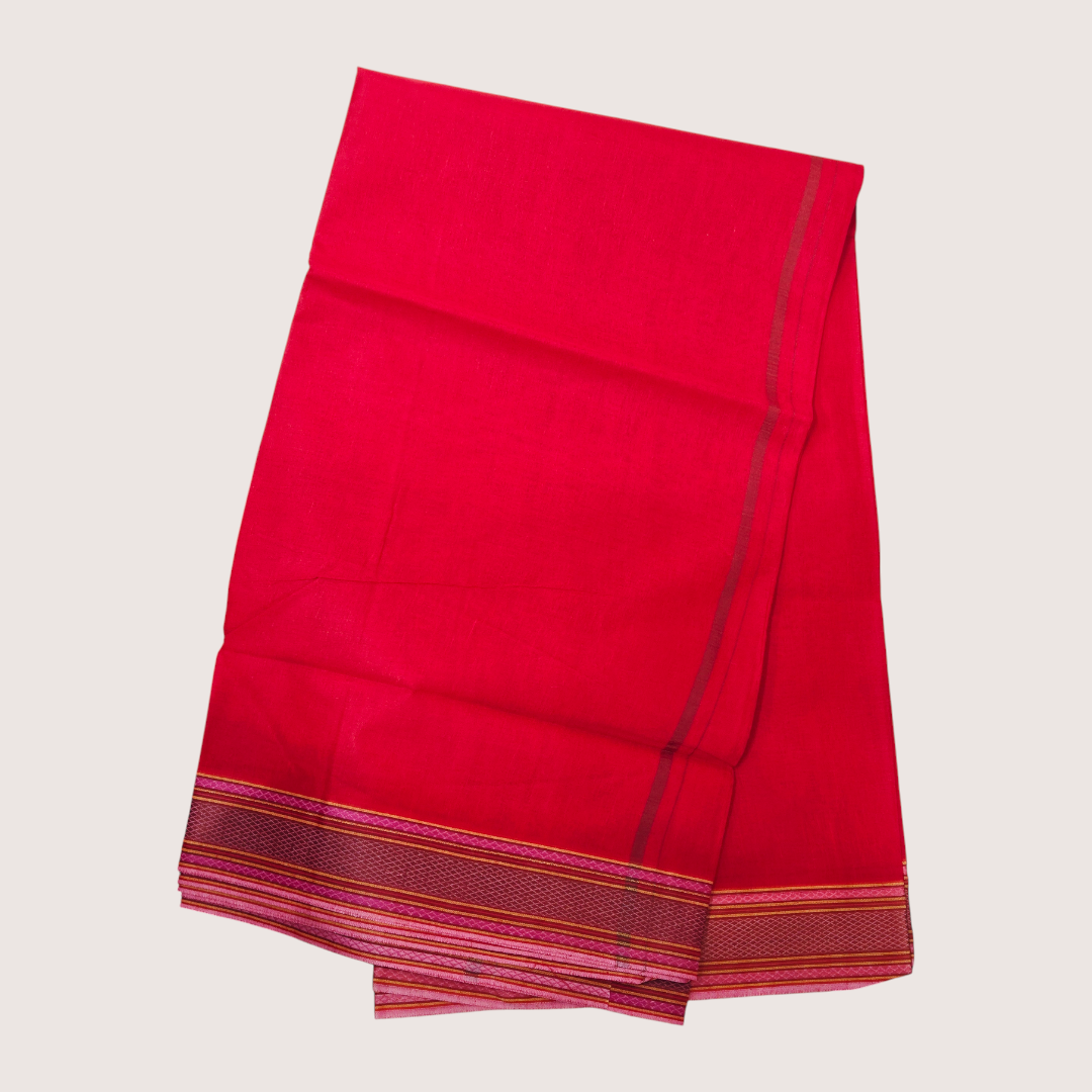 Premium red khadi cotton dhoti front view with orange border
