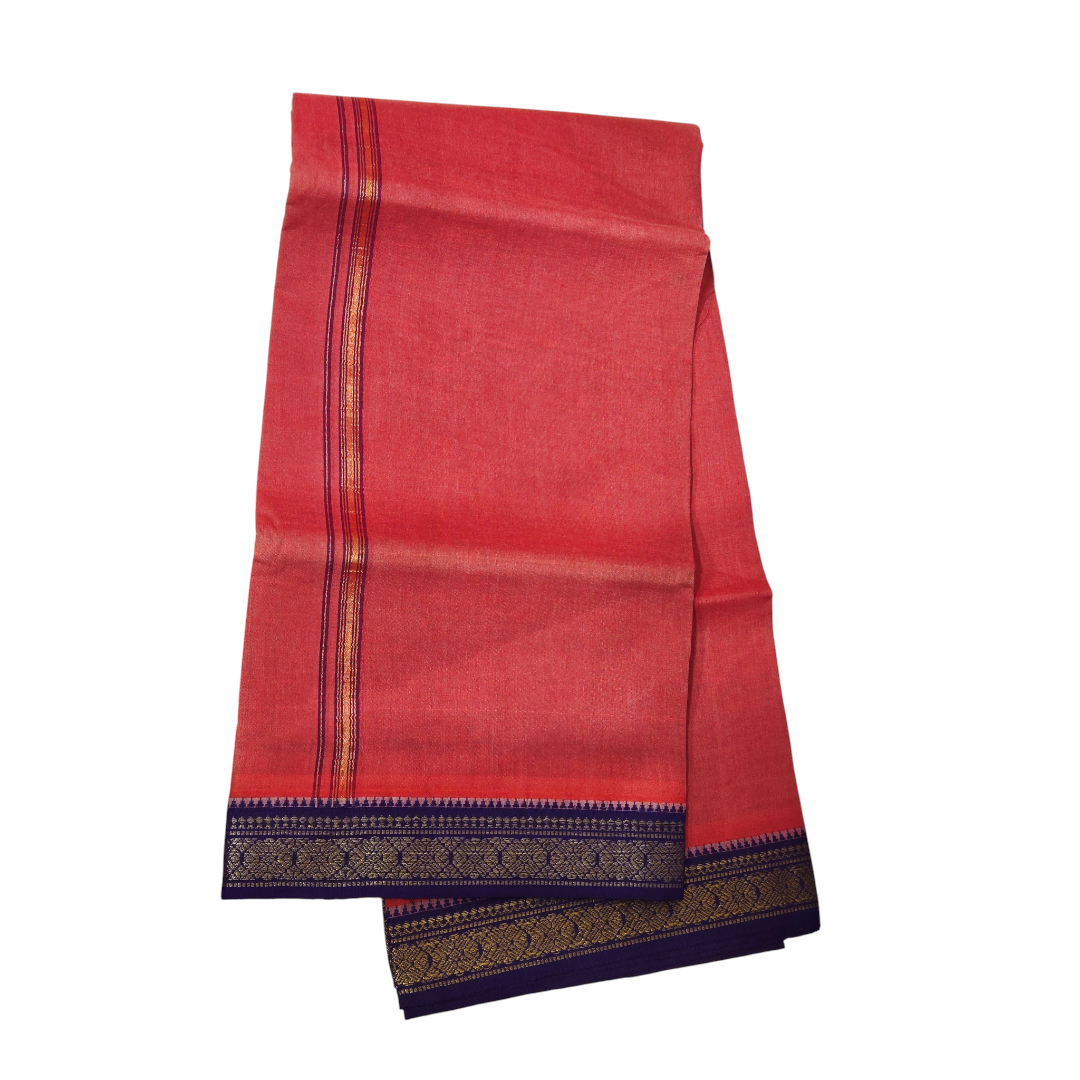 Premium red khadi cotton dhoti front view with navy blue gold zari border