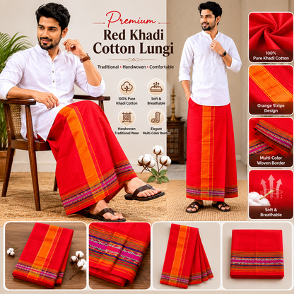 Infographic of premium red khadi cotton lungi with orange stripe and handwoven details