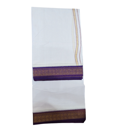 Premium white khadi cotton dhoti front view with royal purple gold zari border