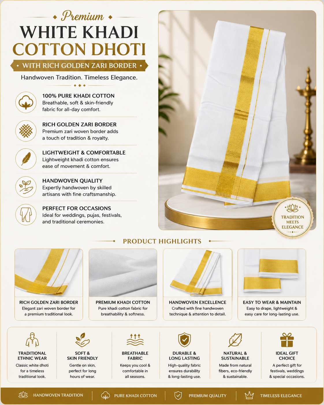 Infographic of premium white khadi cotton dhoti with rich golden zari woven border