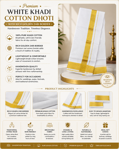 Infographic of premium white khadi cotton dhoti with rich golden zari woven border