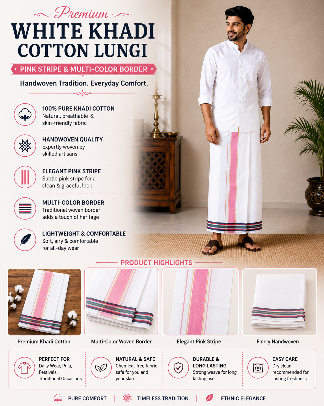Infographic of premium white khadi cotton lungi with pink stripe and traditional woven border