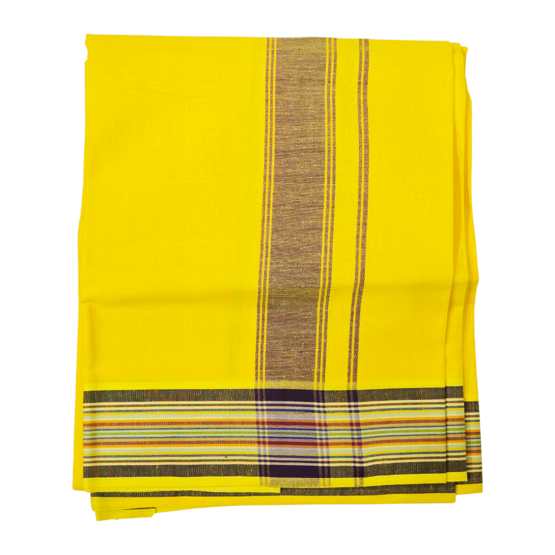 Folded bright yellow khadi cotton dhoti with black and gold woven zari border