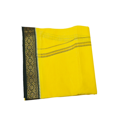 Side folded yellow khadi cotton dhoti with elegant dark green gold border