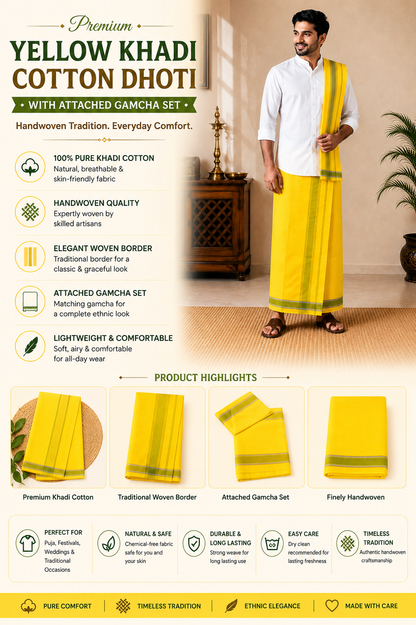 Infographic of premium yellow khadi cotton dhoti with attached gamcha set and traditional woven border