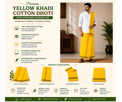 Infographic of premium yellow khadi cotton dhoti with attached gamcha set and woven border