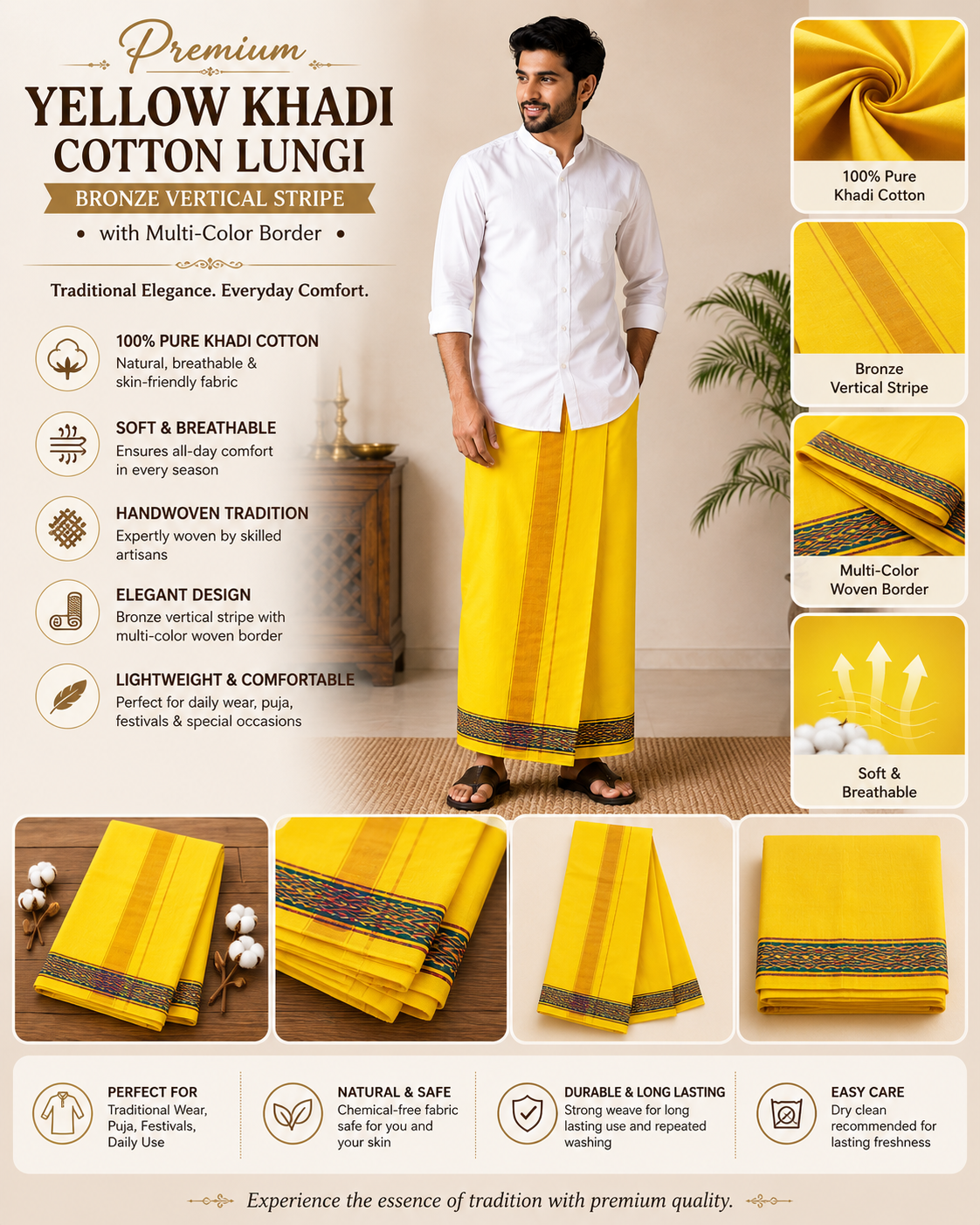 Infographic of premium yellow khadi cotton lungi with bronze stripe and handwoven details