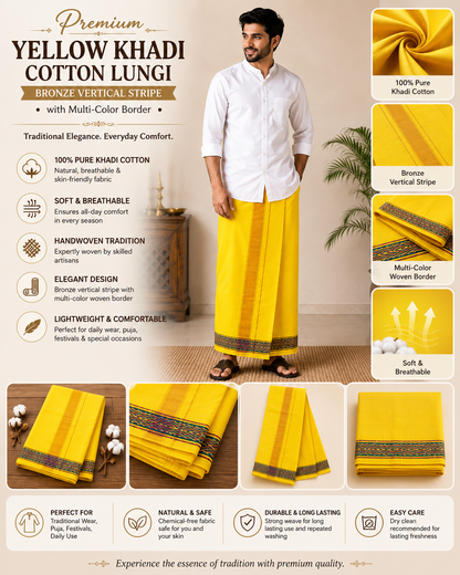 Infographic of premium yellow khadi cotton lungi with bronze stripe and handwoven details
