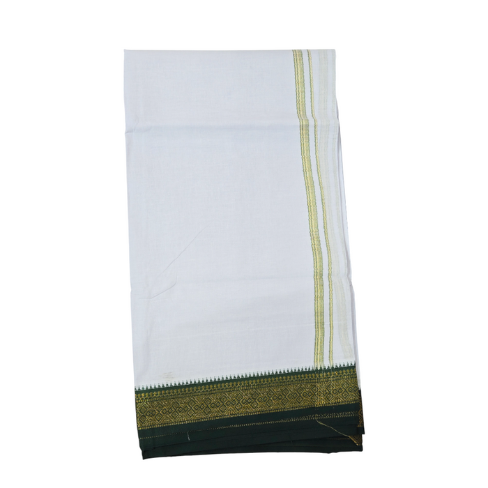 Pure White Khadi Cotton Dhoti with Dark Green & Gold Zari Border | Premium Traditional Ethnic Wear