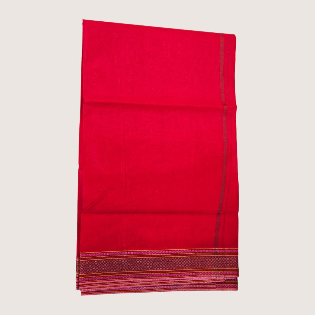 Border detail of premium red khadi cotton dhoti with orange weaving