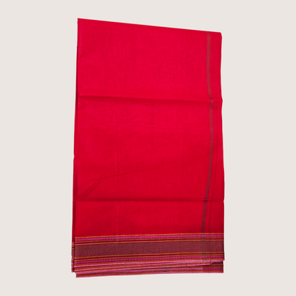 Border detail of premium red khadi cotton dhoti with orange weaving