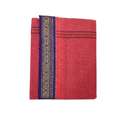Folded red khadi cotton dhoti with navy blue and gold zari woven border