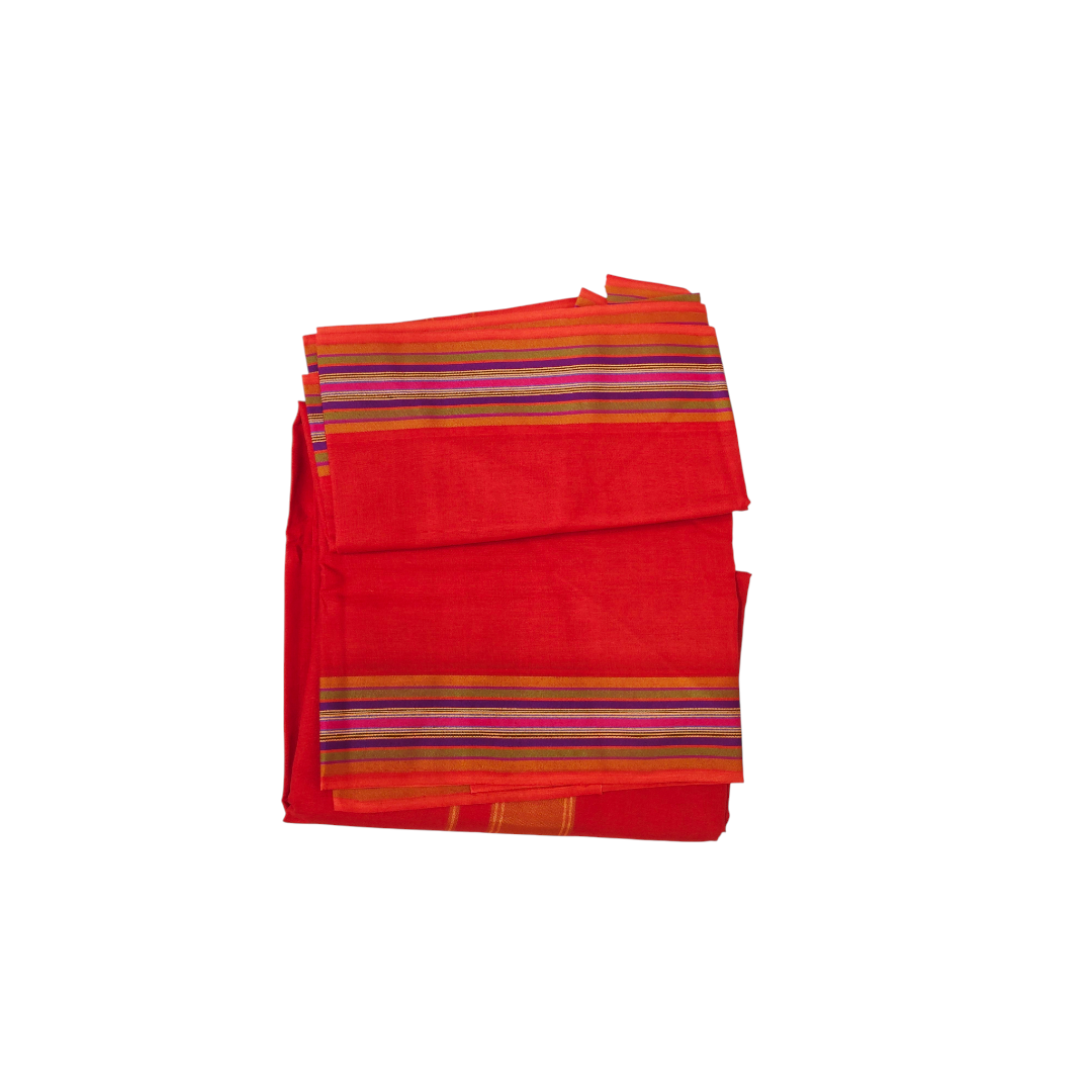 Close-up of multi-color woven border on red khadi cotton lungi