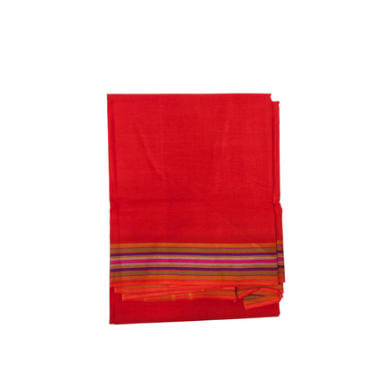 Folded red khadi cotton lungi with traditional woven multi-color border