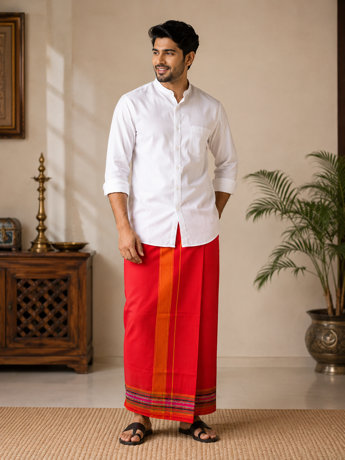 Premium Red Khadi Cotton Lungi with Orange Stripe & Multi-Color Border | Traditional Handwoven Wear
