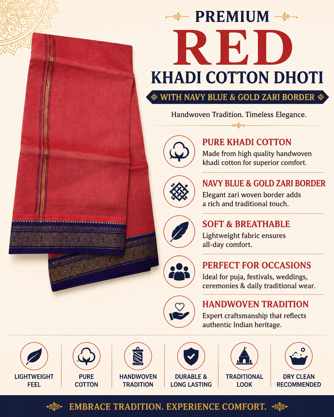 Infographic of premium red khadi cotton dhoti with navy blue and gold zari border and traditional features