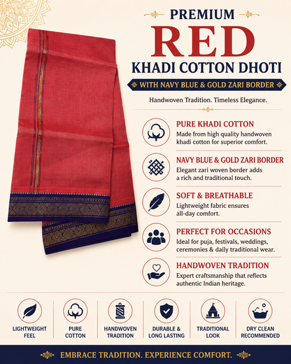Infographic of premium red khadi cotton dhoti with navy blue and gold zari border and traditional features