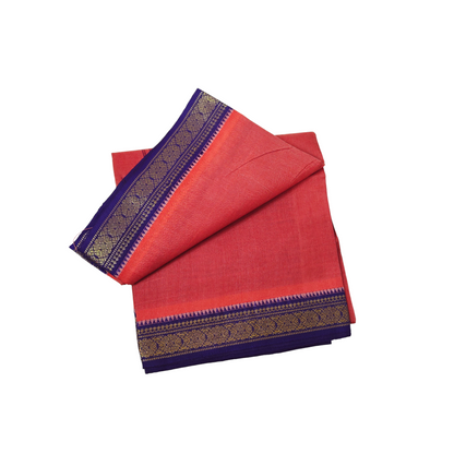 Infographic of premium red khadi cotton dhoti with navy blue and gold zari border and traditional features