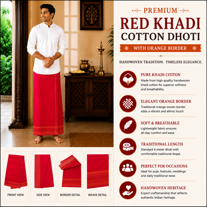 Square infographic of premium red khadi cotton dhoti with orange border and traditional features