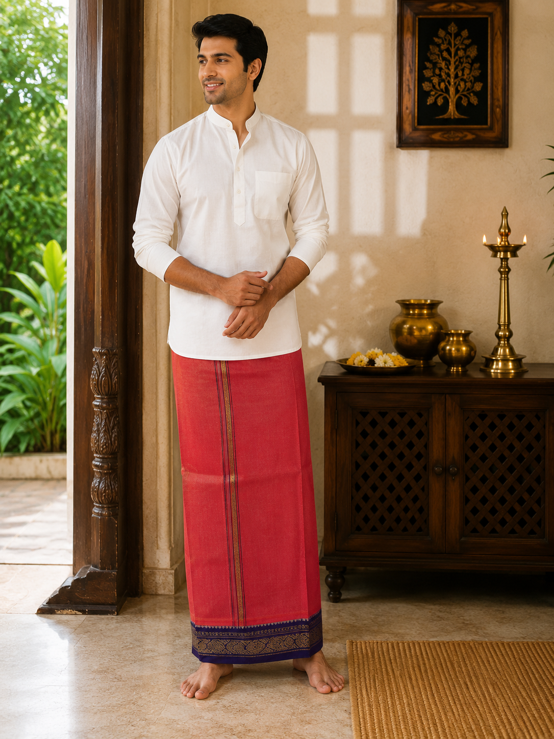 Model wearing premium red khadi cotton dhoti with navy blue and gold zari border