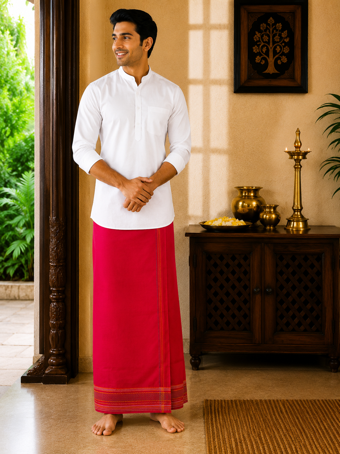 Model wearing premium red khadi cotton dhoti with orange woven border