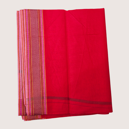Traditional red khadi cotton dhoti side view with orange woven border