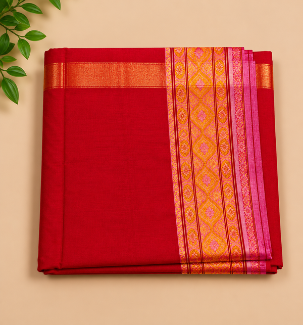 Red Cotton Dhoti Set with Angavastram for Men | Traditional Pooja Wear