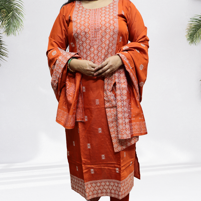 Vibrant Rust Orange Khadi Silk Kurti Set – Handcrafted Ethnic Suit with White Floral Embroidery & Printed Dupatta(01)