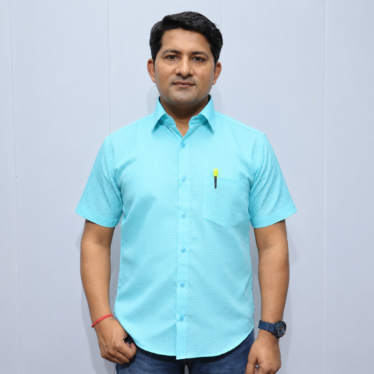Sky Blue Cotton Shirt for Men – Half Sleeve Textured Casual Shirt