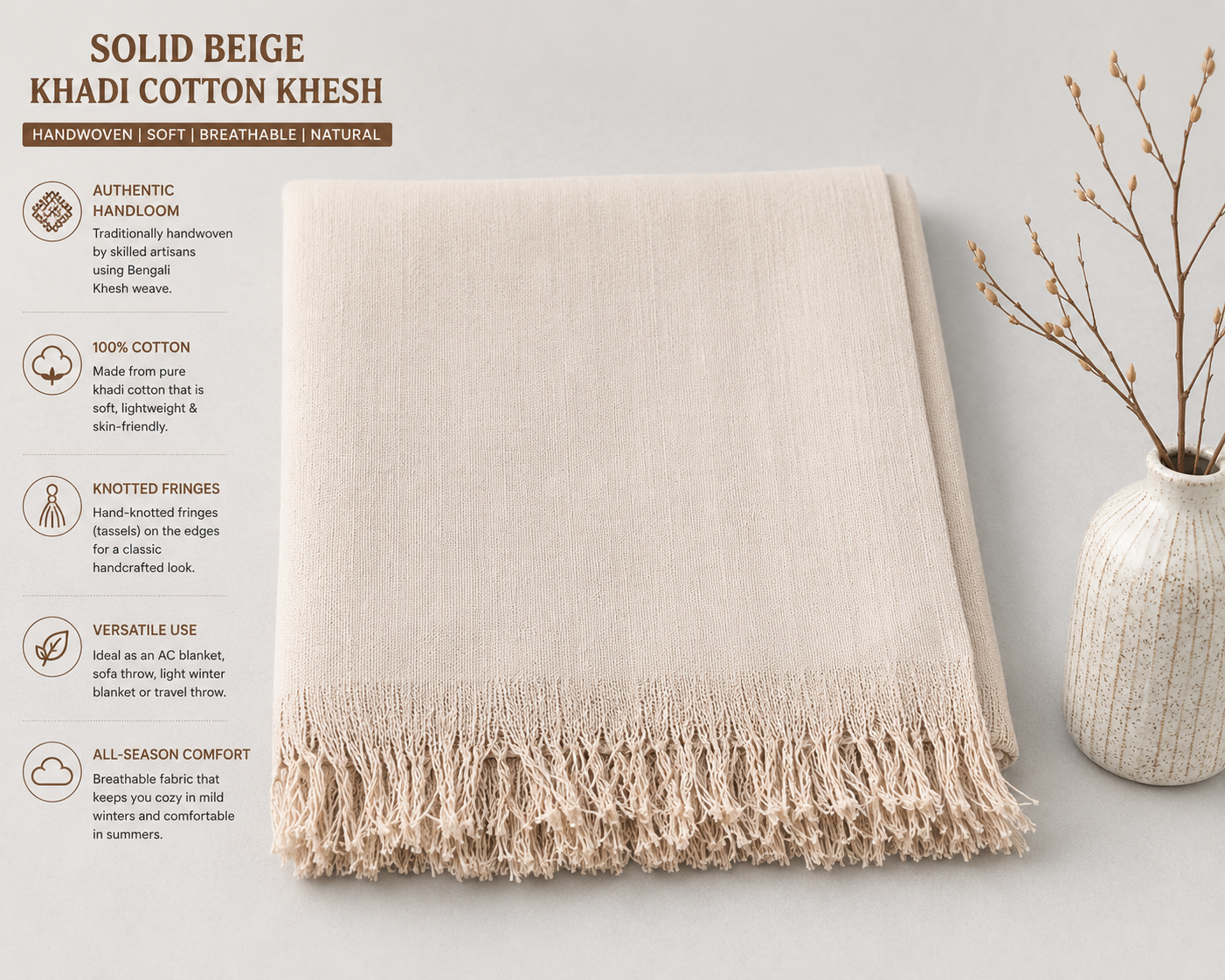 Infographic of solid beige khadi cotton khesh showing features and handwoven details