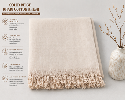 Infographic of solid beige khadi cotton khesh showing features and handwoven details
