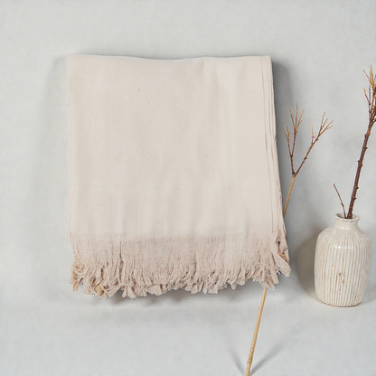 Solid beige khadi cotton khesh handwoven heavy cotton blanket with fringes