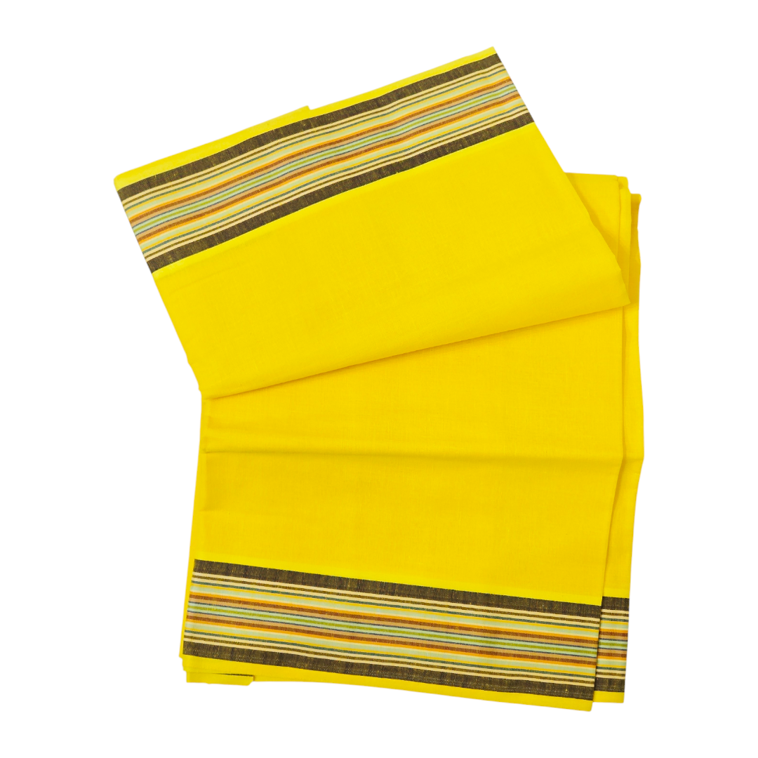 Traditional bright yellow khadi cotton dhoti side view with elegant zari border