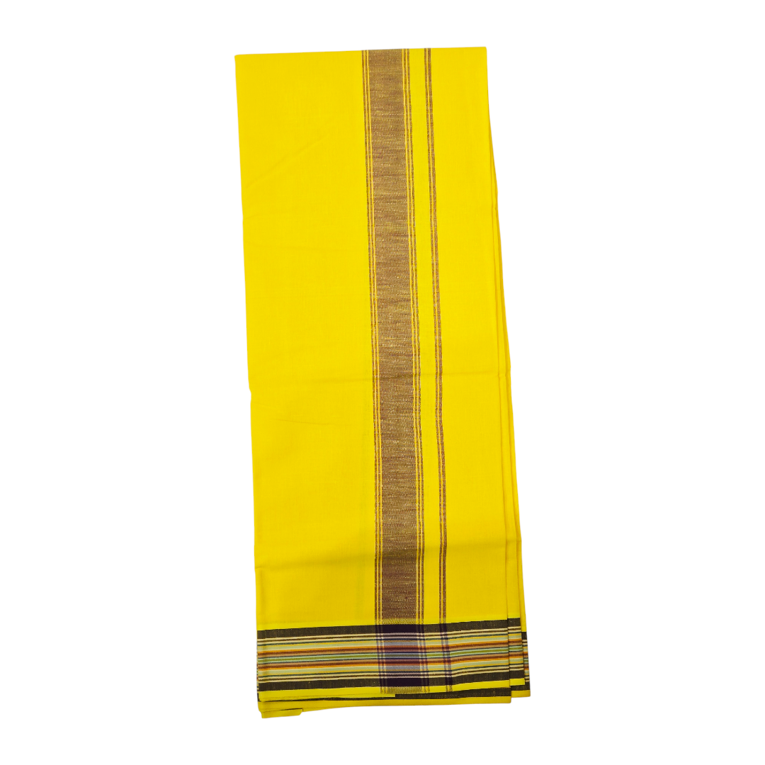 Traditional bright yellow khadi cotton dhoti side view with elegant zari border