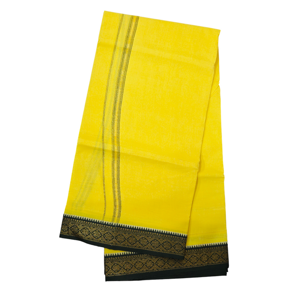 Premium Yellow Khadi Cotton Dhoti with Dark Green & Gold Zari Border | Handwoven Traditional Ethnic Wear