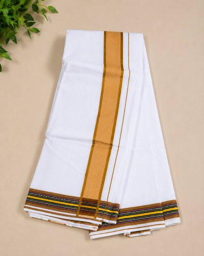 Traditional white dhoti set with multicolor border folded front product view