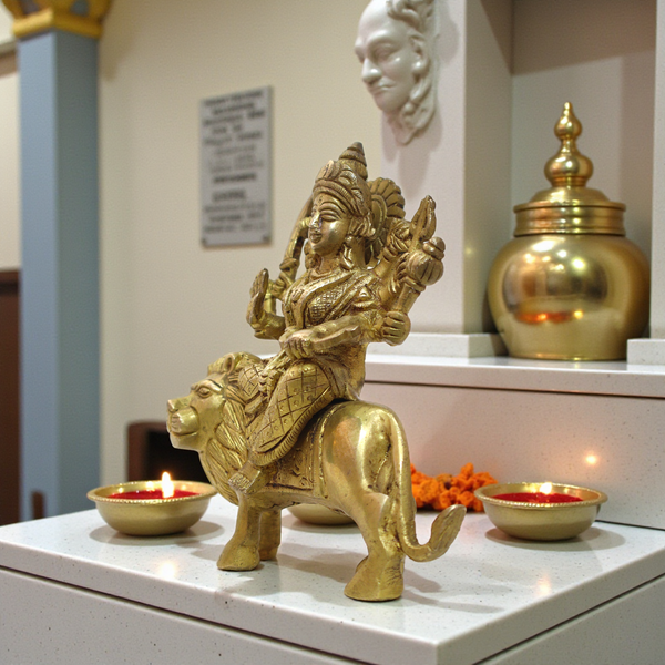Pure Brass Durga Mata Idol on Lion (Sherawali) – 6.5 Inch Handcrafted Statue for Home Temple & Decor