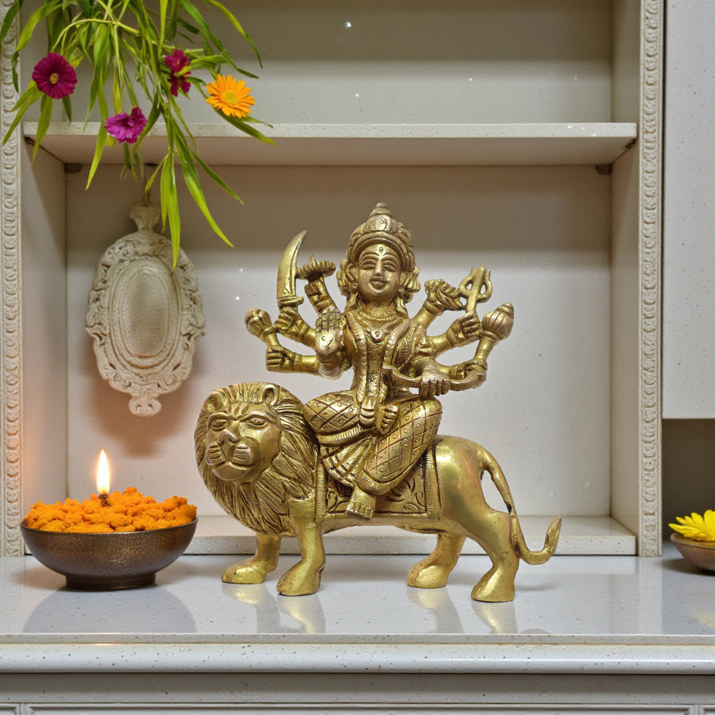 Brass Durga Idol | Handcrafted Sherawali Mata Statue for Home