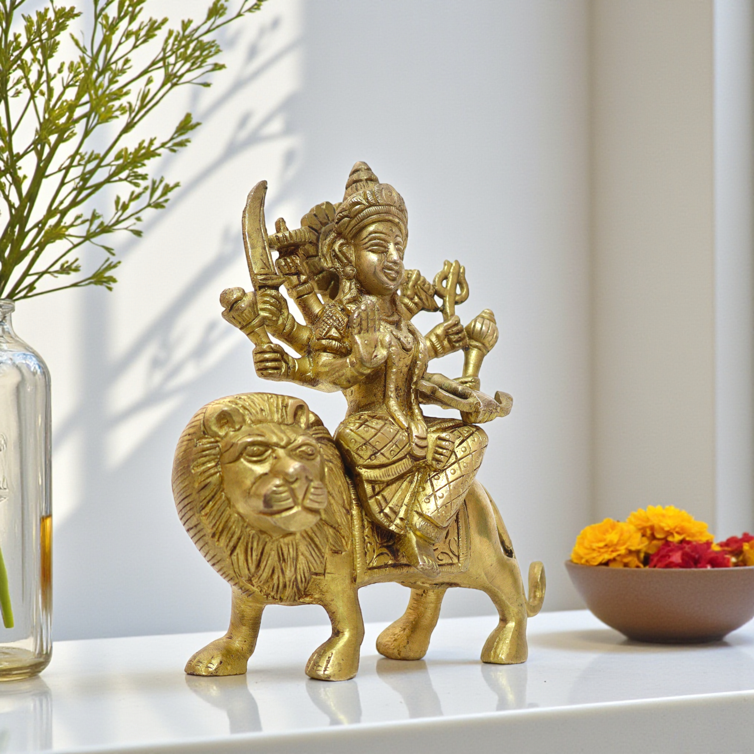 Brass Durga Idol | Handcrafted Sherawali Mata Statue for Home
