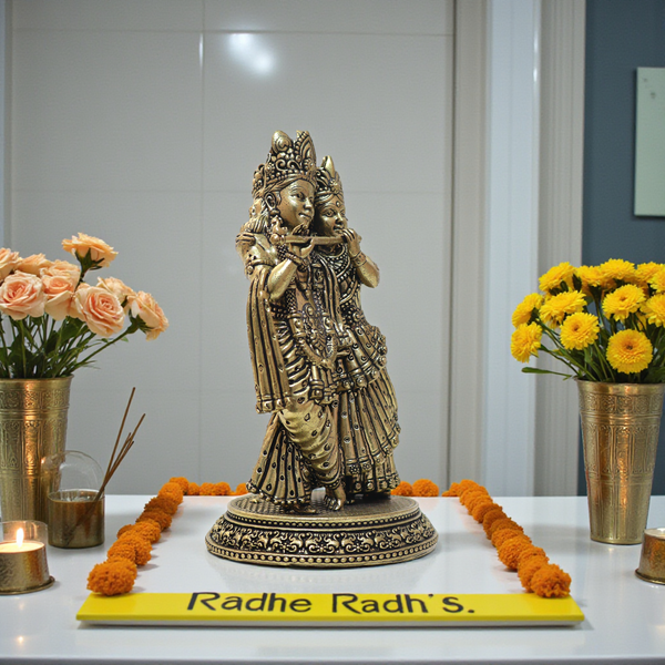 Pure Brass Radha Krishna Standing Idol Playing Flute – 6.5 Inch Handcrafted Love Couple Statue (610g)