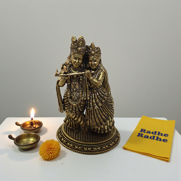 Pure Brass Radha Krishna Standing Idol Playing Flute – 6.5 Inch Handcrafted Love Couple Statue (610g)