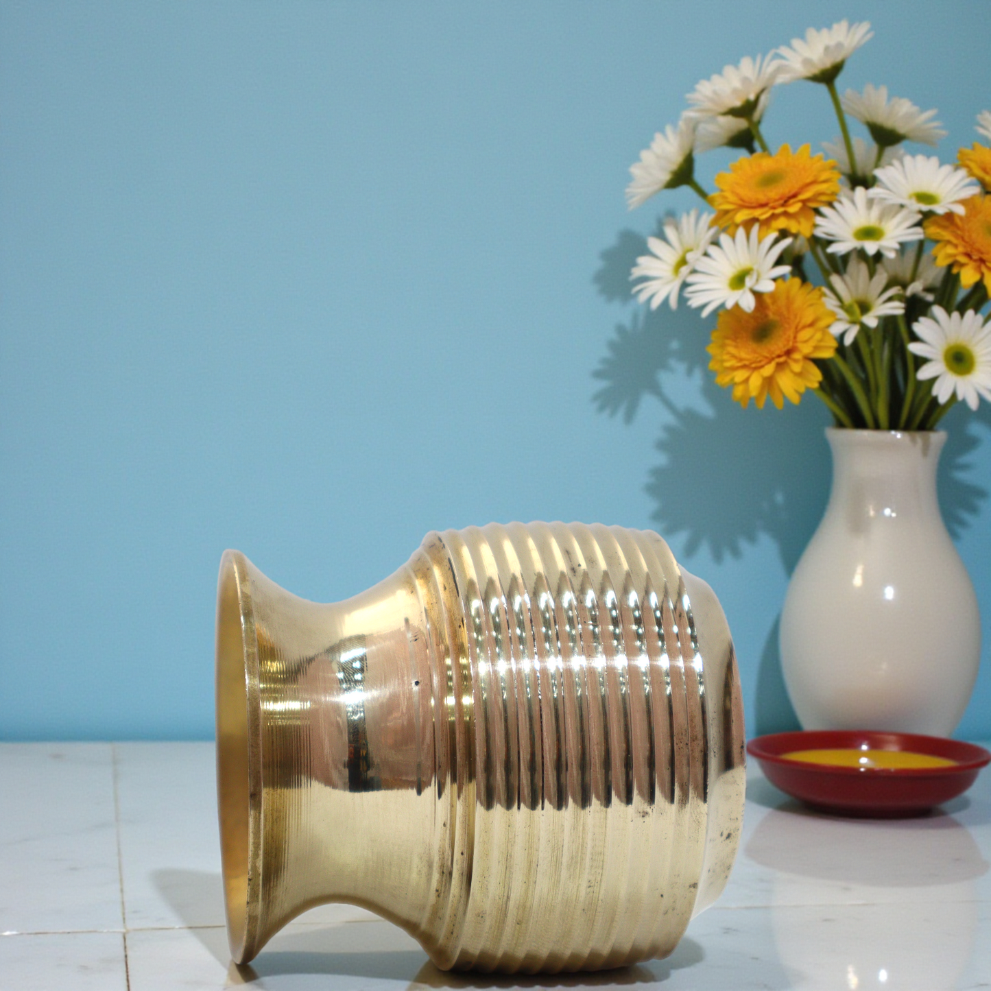 Pure Brass Ribbed Lota for Puja - 3 Inch, 170g Traditional Kalash