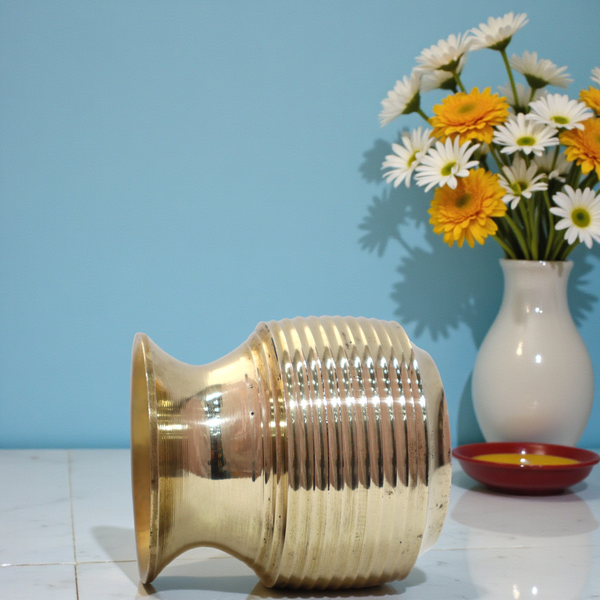 Pure Brass Ribbed Lota (Kalash) for Puja & Home Decor | Traditional Gold Finish Water Pot | 3 Inch, 170g