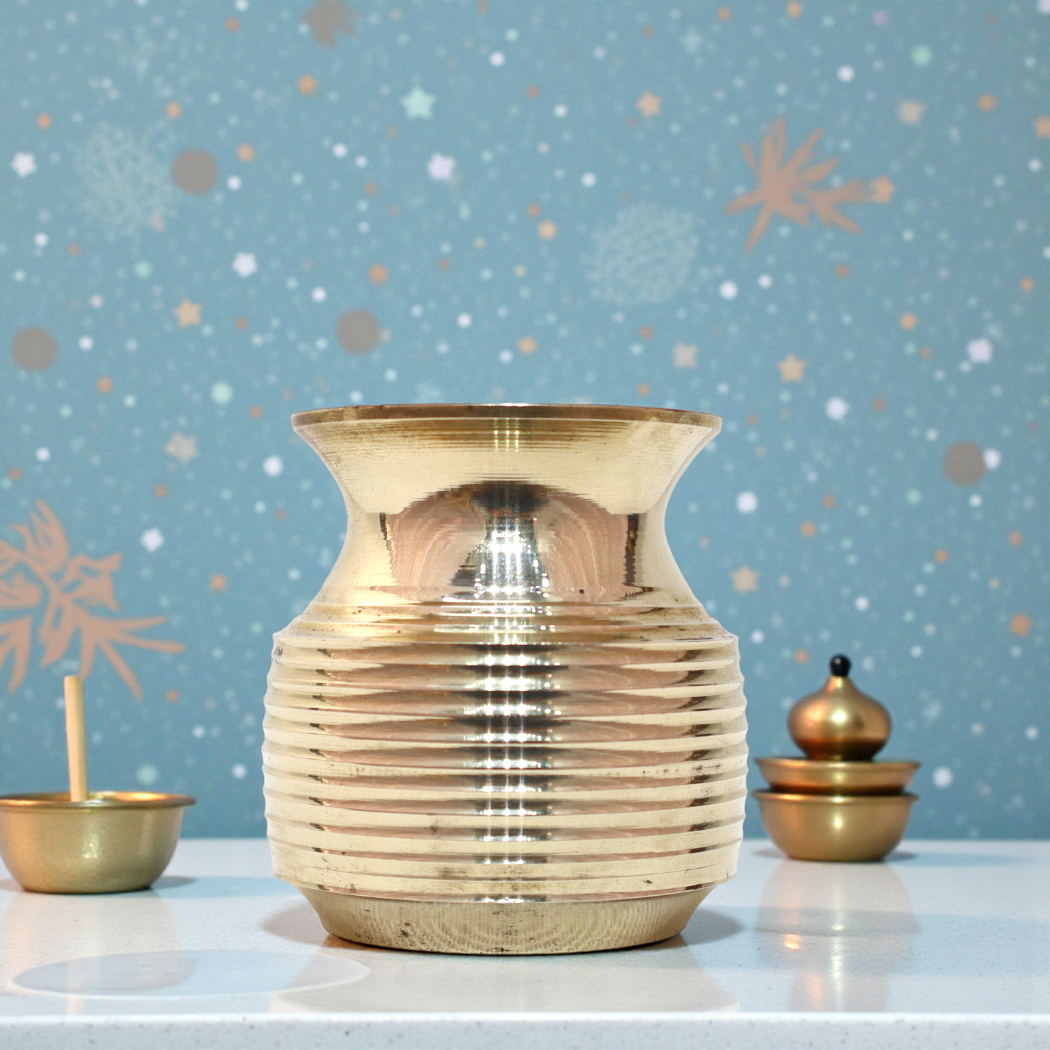 Pure Brass Ribbed Lota for Puja - 3 Inch, 170g Traditional Kalash