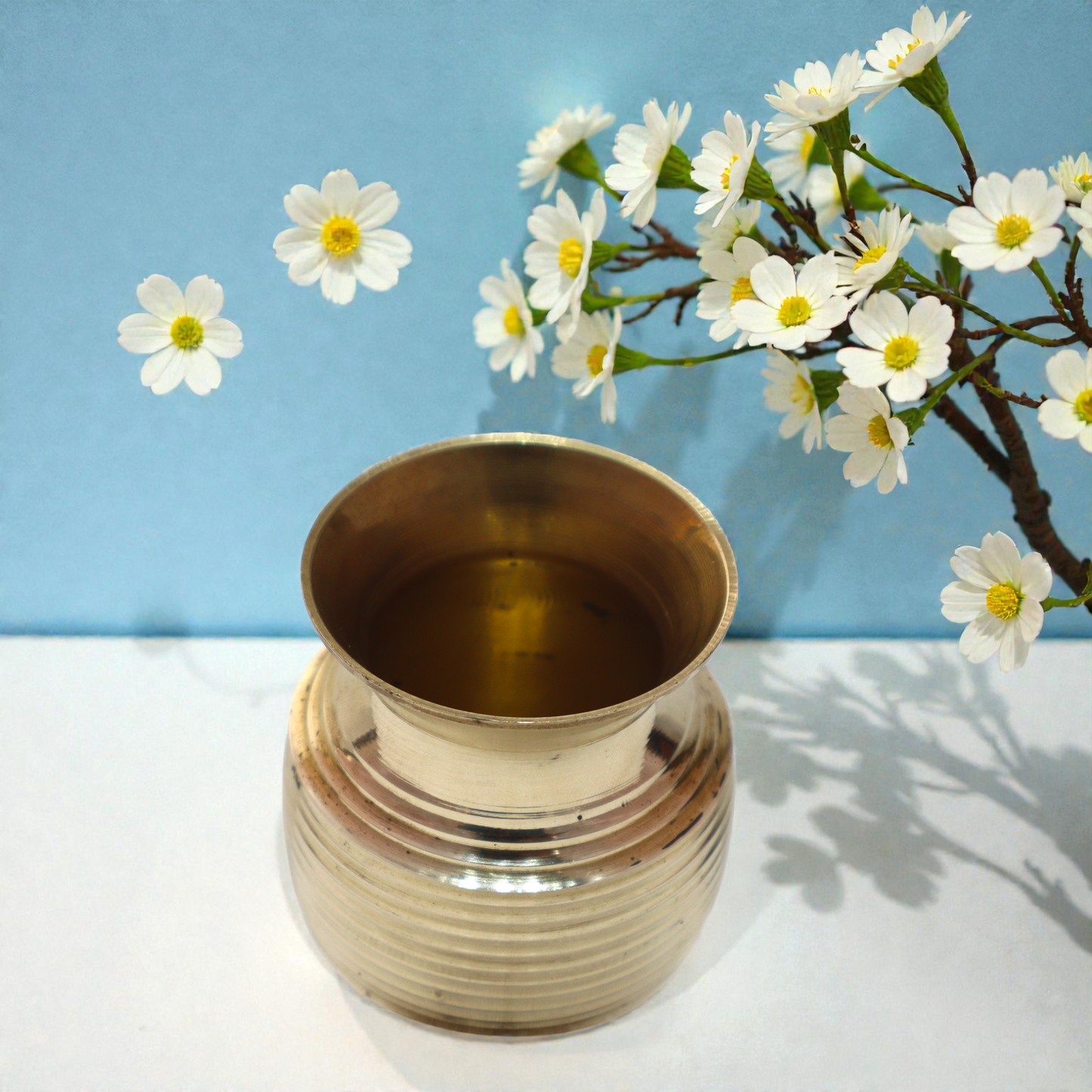 Pure Brass Ribbed Lota for Puja - 3 Inch, 170g Traditional Kalash