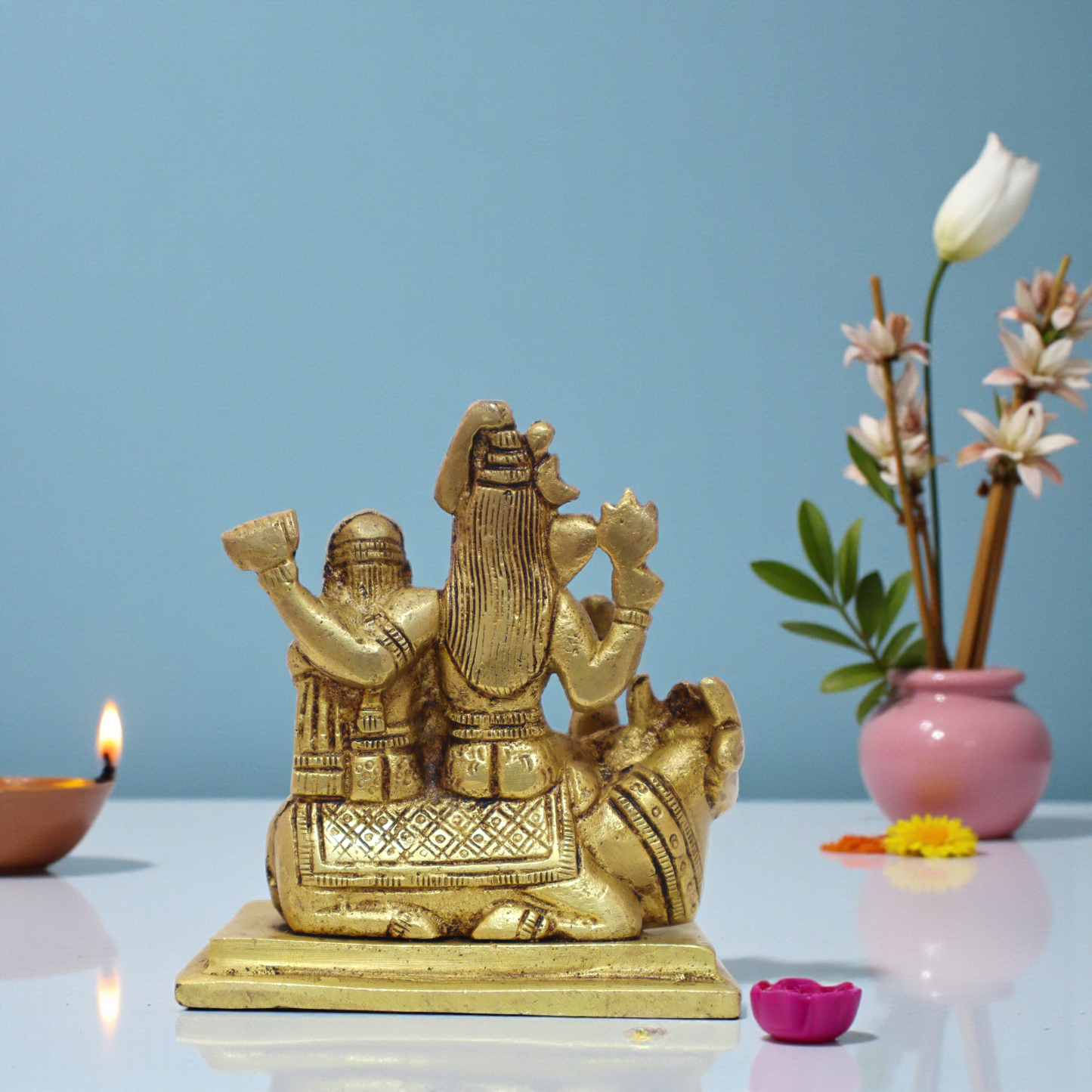 Solid Brass Shiv Parivar Seated on Nandi – 4.5 Inch Heavy Lord Shiva Family Idol (770g)