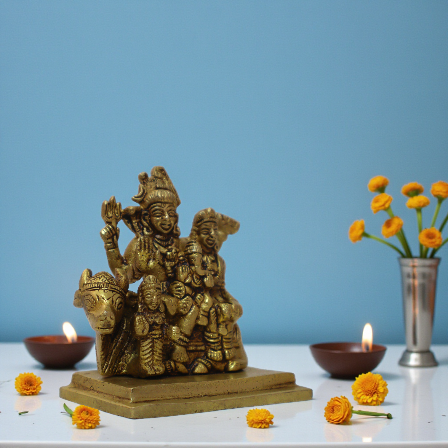 Solid Brass Shiv Parivar Seated on Nandi – 4.5 Inch Heavy Lord Shiva Family Idol (770g)
