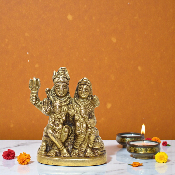 Pure Brass Shiv Parivar Small Idol – 2.5 Inch Miniature Statue for Car Dashboard & Home Mandir (212g)